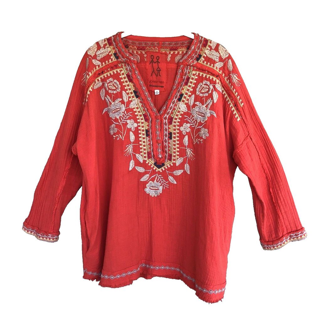 Johnny Was JW Tunic Top Womens M Red Floral Embroidered Pockets Boho Resort